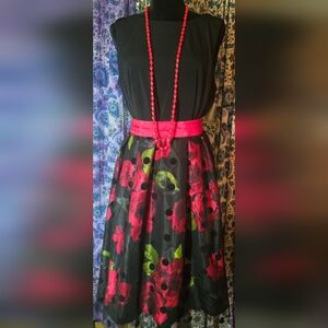 Studio One Floral Polka Dot Overlay Sleeveless Dress With Red Necklace SZ 16